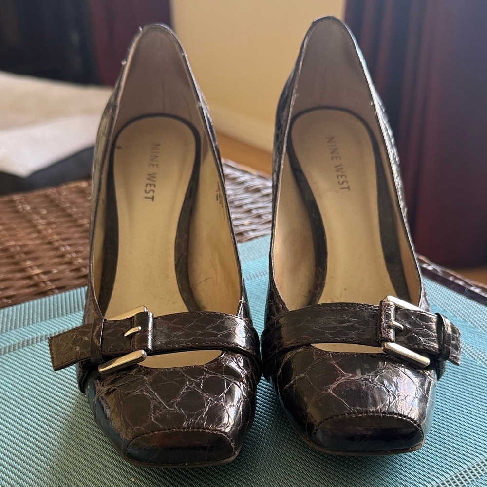 Nine West Brown Croc-Embossed Buckle Pumps